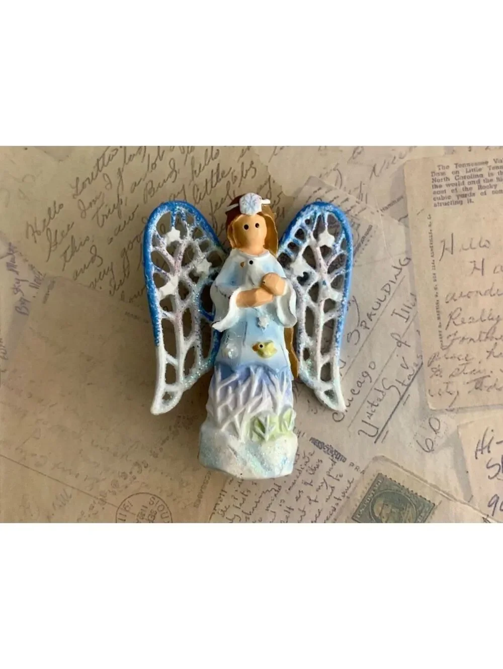 Vintage Whimsical Angel Brooch with Delicate Blue and White Wings